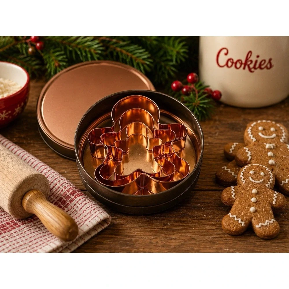 Vintage Set Copper Cookie Cutters ~  Gingerbread Family in Container